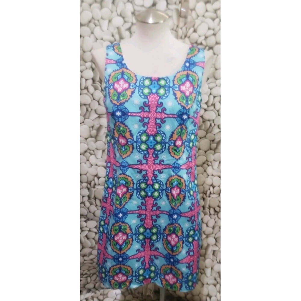 KAELI SMITH Dress Size 8 Blue Floral Sleeveless Cotton Spandex Lined Zip Cruise